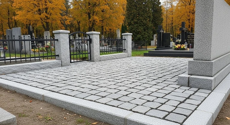 Благоустройство захоронений в Перми — мощение гранитной плиткой, цоколь и ограда на ухоженном участке