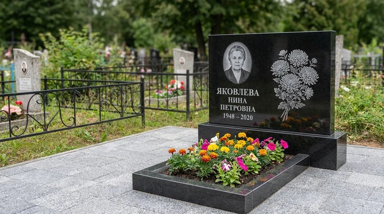 Гравировка хризантем на памятник в Перми — пример работы на граните