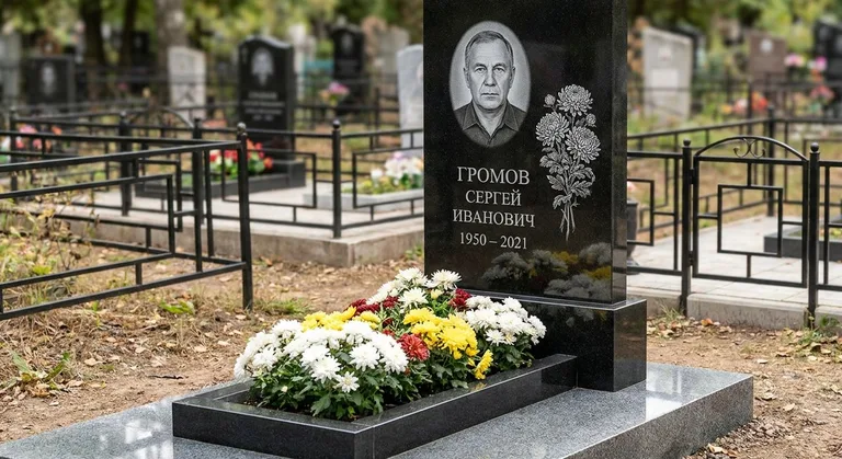 Памятник с гравировкой хризантем — выполненная работа «Громов» в Перми
