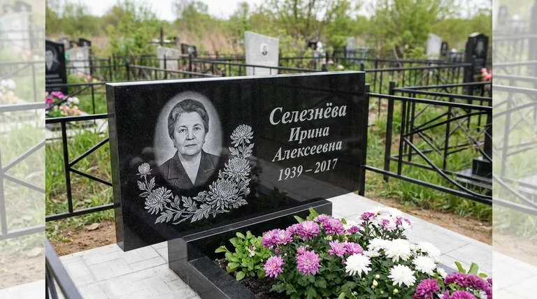 Памятник с гравировкой хризантем — выполненная работа «Селезнёва» в Перми
