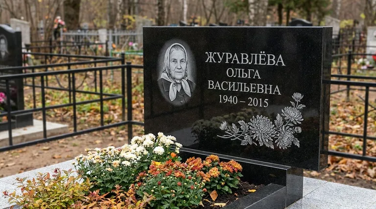 Памятник с гравировкой хризантем — выполненная работа «Журавлёва» в Перми