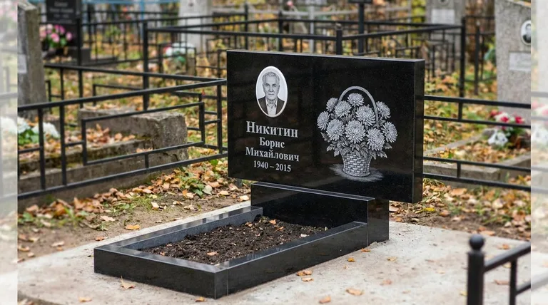 Памятник с гравировкой хризантем — выполненная работа «Никитин» в Перми
