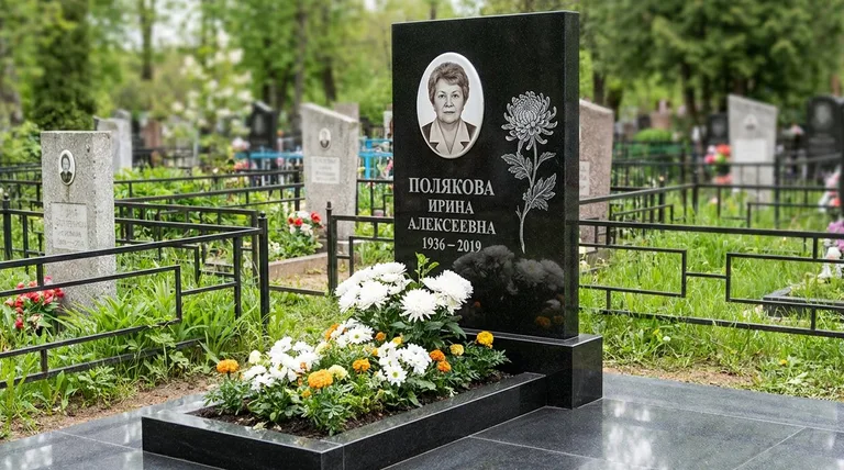 Памятник с гравировкой хризантем — выполненная работа «Полякова» в Перми