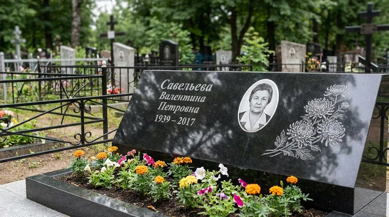 Памятник с гравировкой хризантем — выполненная работа «Савельева» в Перми