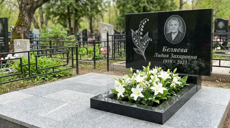 Памятник с гравировкой ландышей — выполненная работа «Беляева» в Перми