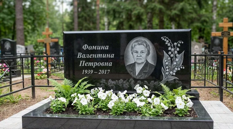 Памятник с гравировкой ландышей — выполненная работа «Фомина» в Перми