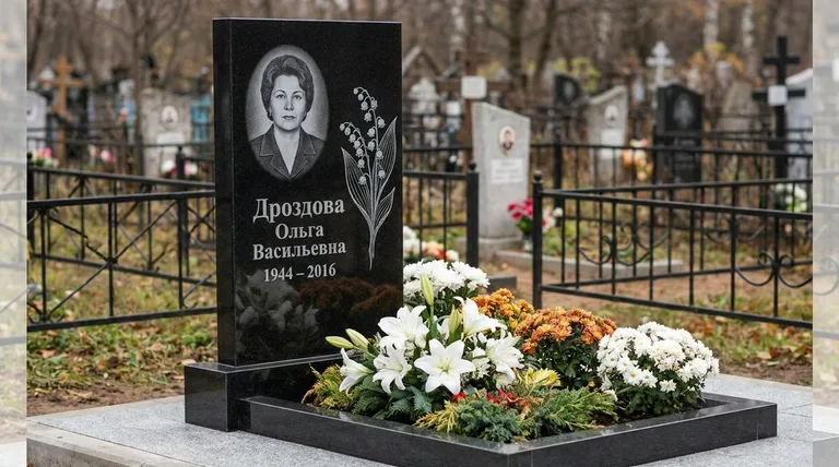 Памятник с гравировкой ландышей — выполненная работа «Дроздова» в Перми