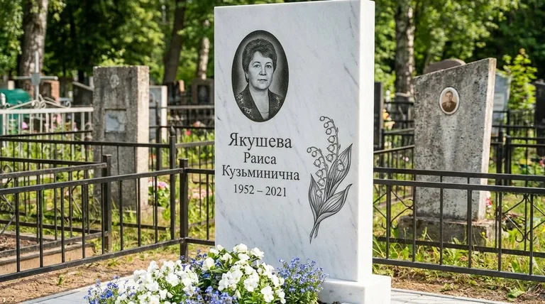 Памятник с гравировкой ландышей — выполненная работа «Якушева» в Перми