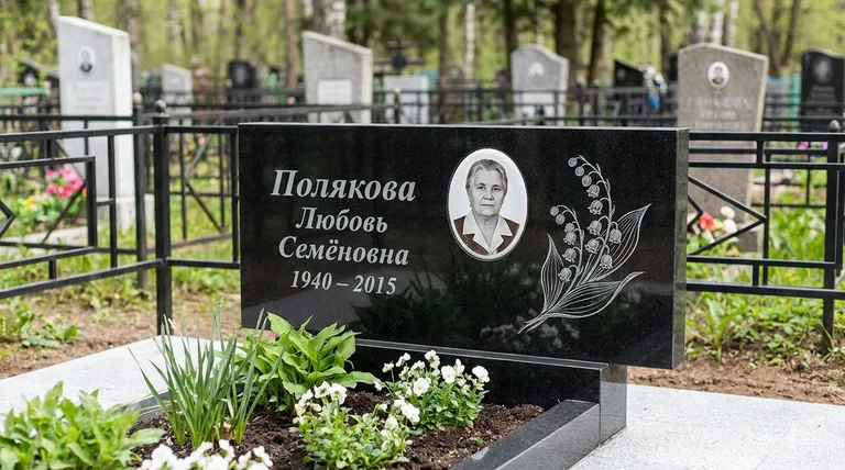 Памятник с гравировкой ландышей — выполненная работа «Полякова» в Перми