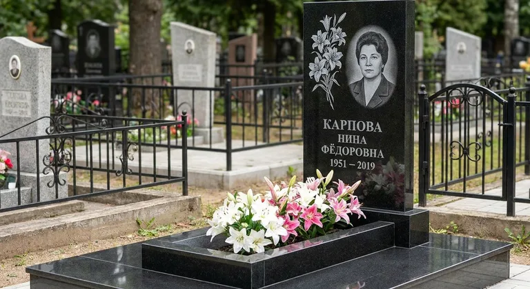 Памятник с гравировкой лилий — выполненная работа «Карпова» в Перми
