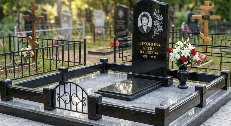 Памятник с гравировкой лилий — выполненная работа «Тихонова» в Перми