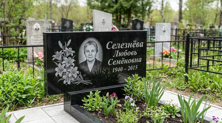 Памятник с гравировкой лилий — выполненная работа «Селезнёва» в Перми