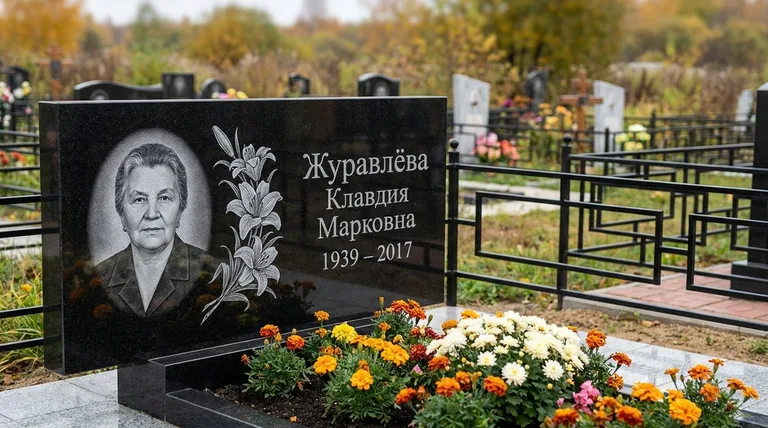 Памятник с гравировкой лилий — выполненная работа «Журавлёва» в Перми