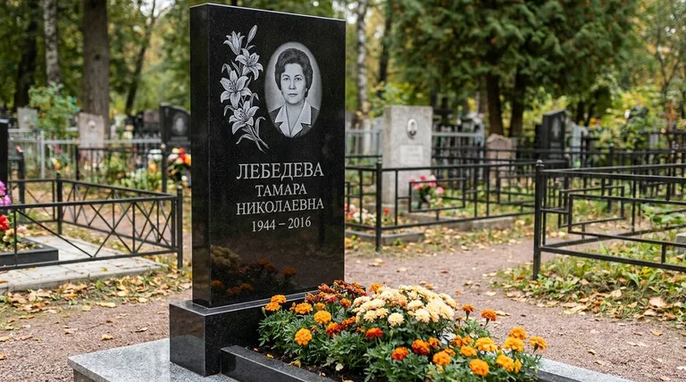 Памятник с гравировкой лилий — выполненная работа «Лебедева» в Перми