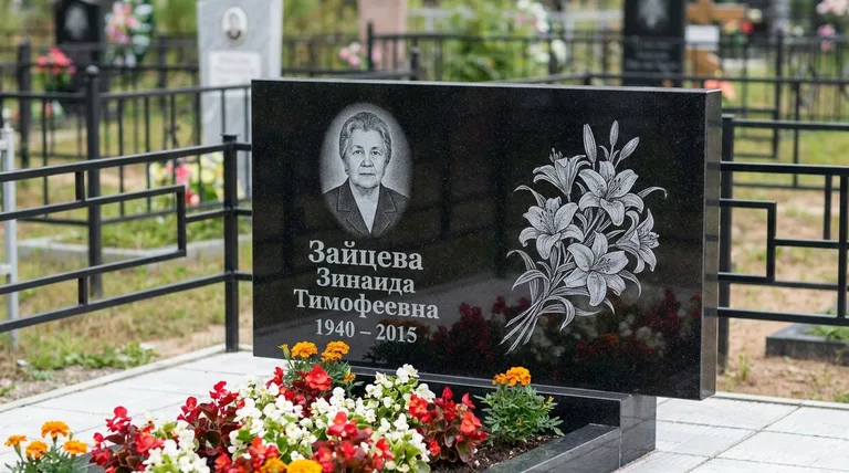 Памятник с гравировкой лилий — выполненная работа «Зайцева» в Перми