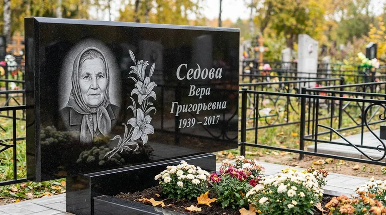 Памятник с гравировкой лилий — выполненная работа «Седова» в Перми