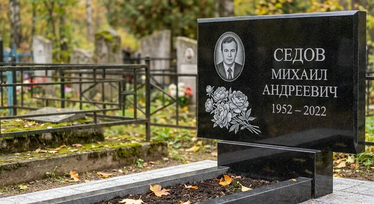 Памятник с гравировкой пионов — выполненная работа «Седов» в Перми