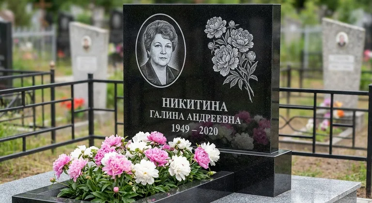 Памятник с гравировкой пионов — выполненная работа «Никитина» в Перми