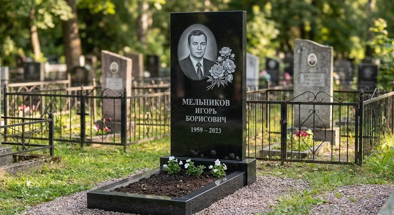 Памятник с гравировкой пионов — выполненная работа «Мельников» в Перми