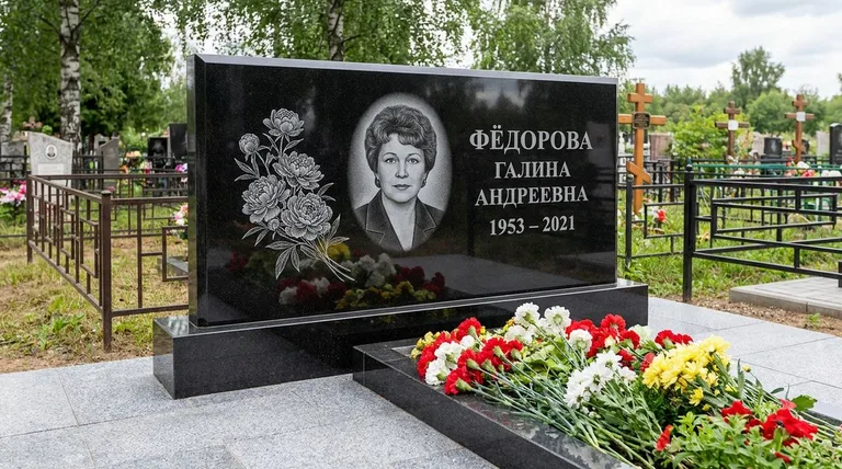 Памятник с гравировкой пионов — выполненная работа «Фёдорова» в Перми