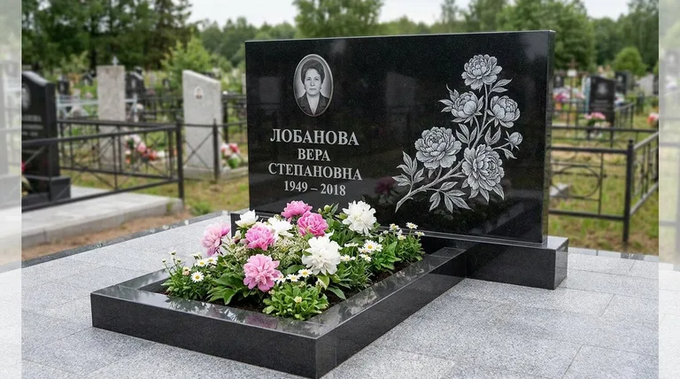 Памятник с гравировкой пионов — выполненная работа «Лобанова» в Перми