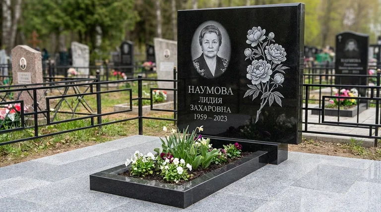 Памятник с гравировкой пионов — выполненная работа «Наумова» в Перми