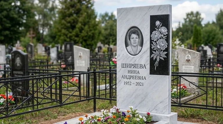 Памятник с гравировкой пионов — выполненная работа «Ширяева» в Перми