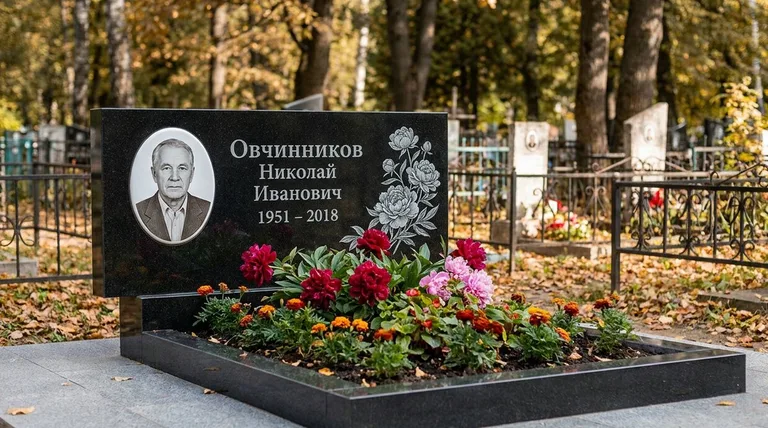 Памятник с гравировкой пионов — выполненная работа «Овчинников» в Перми