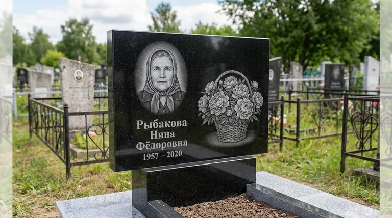 Памятник с гравировкой пионов — выполненная работа «Рыбакова» в Перми