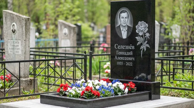 Памятник с гравировкой пионов — выполненная работа «Селезнёв» в Перми