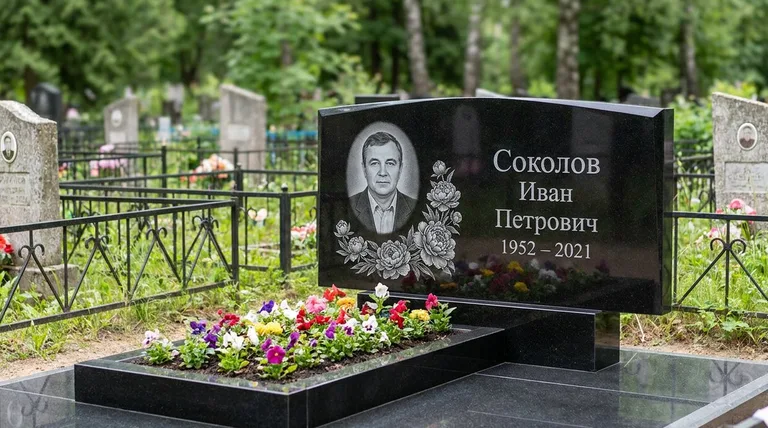 Памятник с гравировкой пионов — выполненная работа «Соколов» в Перми