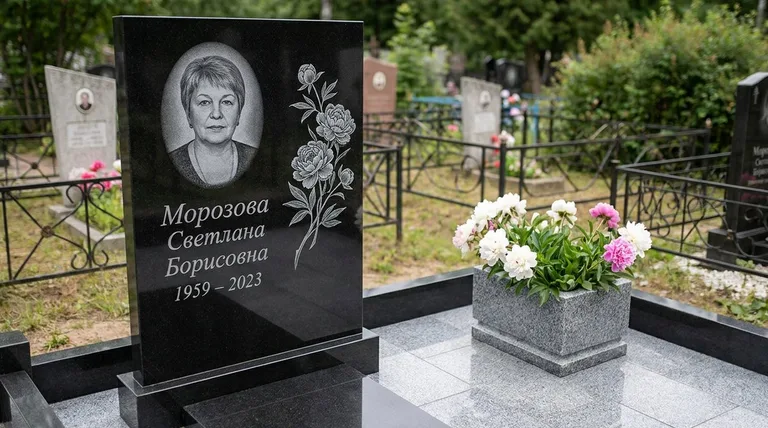 Памятник с гравировкой пионов — выполненная работа «Морозова» в Перми