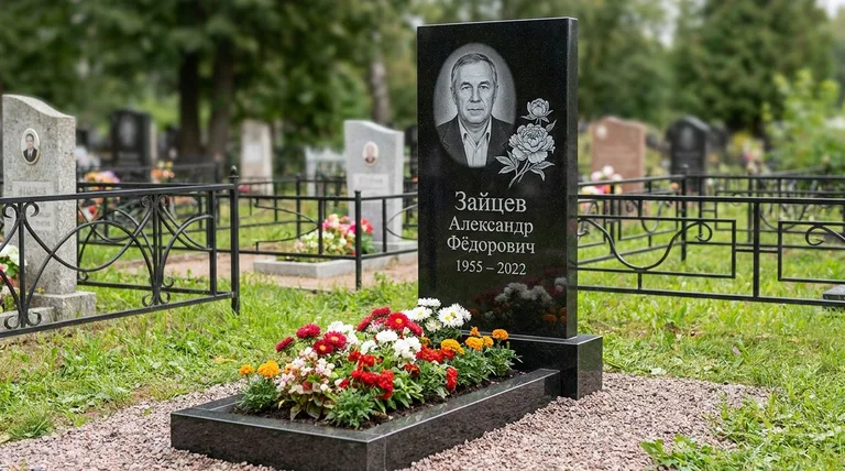 Памятник с гравировкой пионов — выполненная работа «Зайцев» в Перми