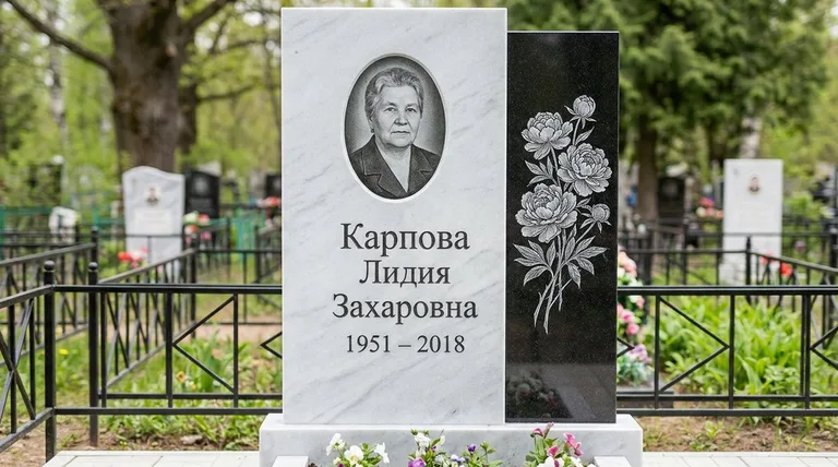 Памятник с гравировкой пионов — выполненная работа «Карпова» в Перми