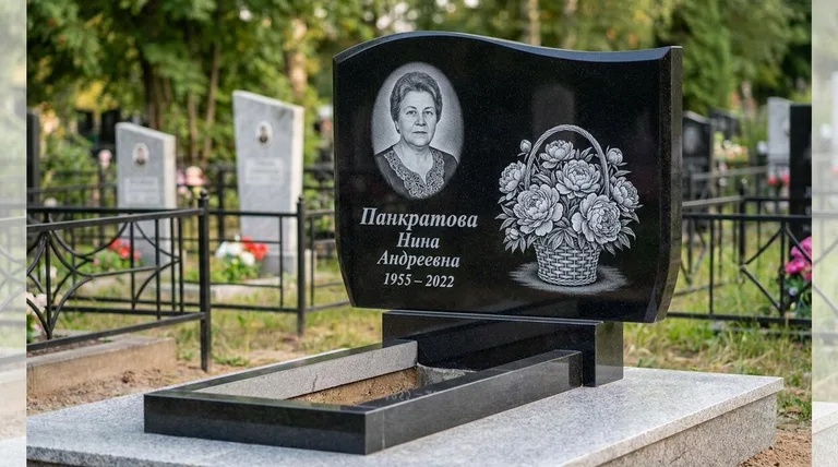 Памятник с гравировкой пионов — выполненная работа «Панкратова» в Перми