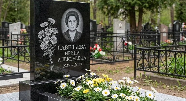 Памятник с гравировкой ромашек — выполненная работа «Савельева» в Перми