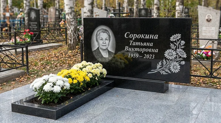 Памятник с гравировкой ромашек — выполненная работа «Сорокина» в Перми