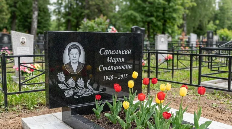 Памятник с гравировкой тюльпанов — выполненная работа «Савельева» в Перми
