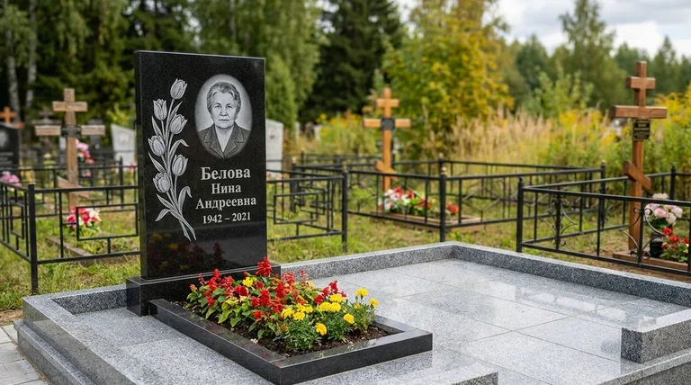 Памятник с гравировкой тюльпанов — выполненная работа «Белова» в Перми