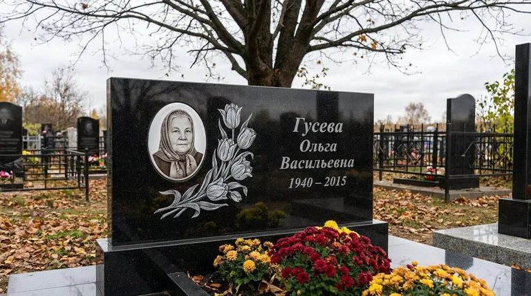 Памятник с гравировкой тюльпанов — выполненная работа «Гусева» в Перми