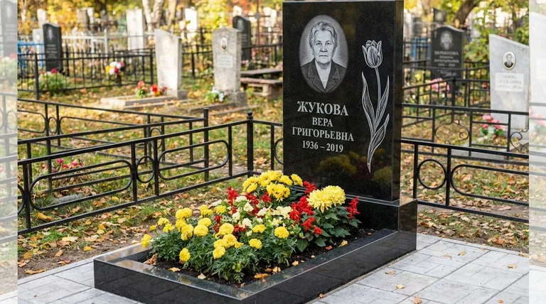 Памятник с гравировкой тюльпанов — выполненная работа «Жукова» в Перми