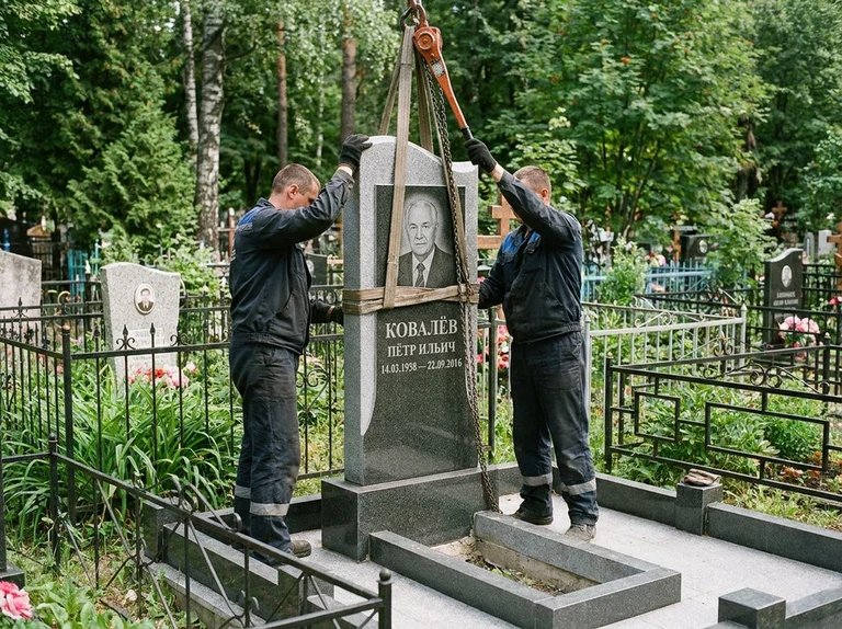 Демонтаж памятника на кладбище в Перми — бригада аккуратно снимает старый гранитный памятник с могилы