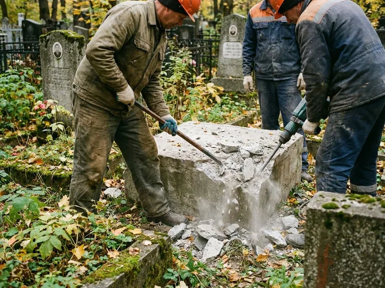 Демонтаж бетонного цоколя и тумбы памятника в Перми