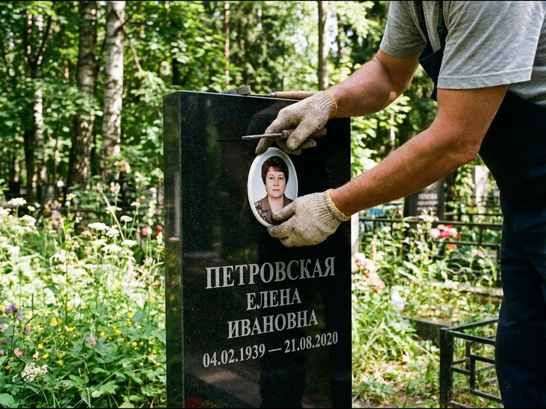 Фото на керамике на памятник в Перми — мастер устанавливает овальный керамический портрет на гранитный памятник