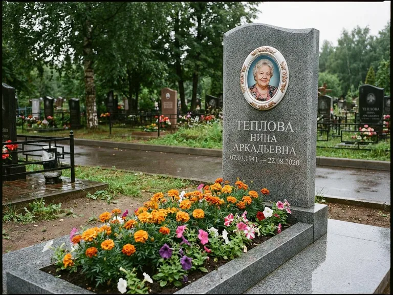 Керамический портрет на памятнике с цветами в Перми