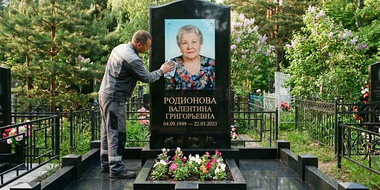Фотокерамика и печать фото на памятник в Перми — мастер устанавливает цветной портрет на стекле на гранитный памятник