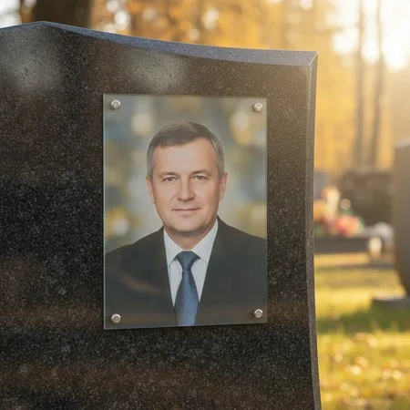 Портрет на стекле на держателях на чёрном граните в Перми