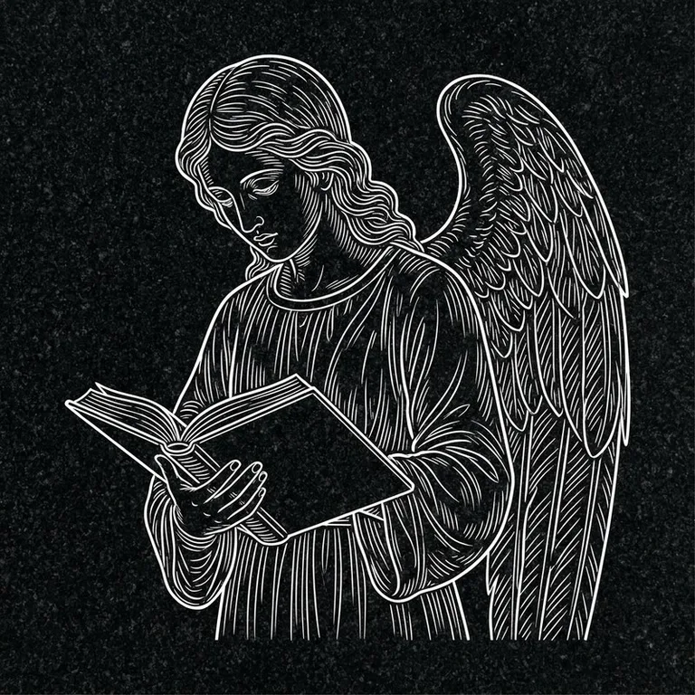 Эскиз гравировки ангела на памятник — ангел с раскрытой книгой в Перми
