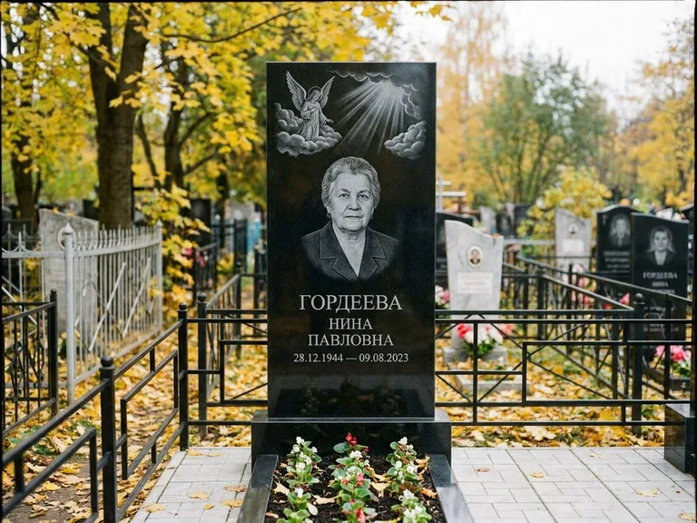 Памятник с гравировкой ангела — гравировка ангела в облаках с лучами над портретом, работа «Гордеева» в Перми