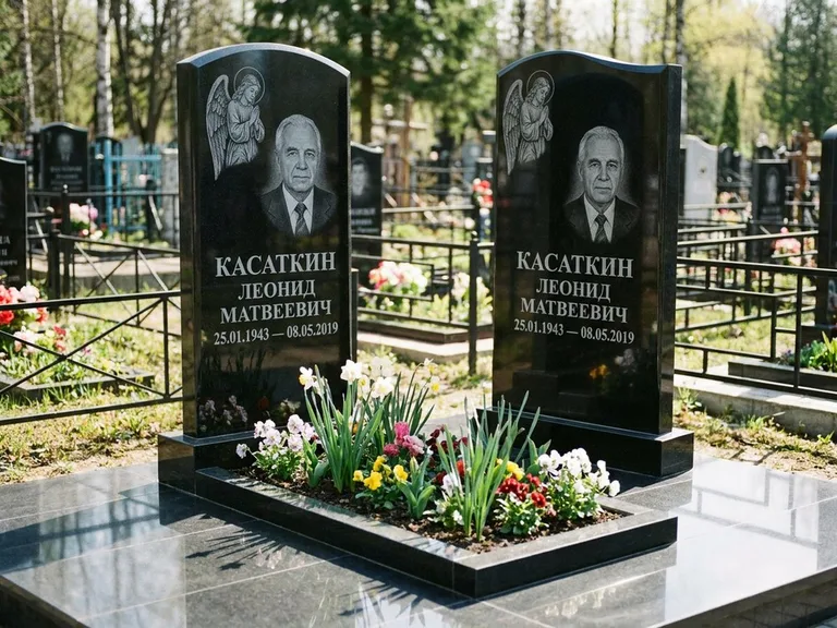 Памятник с гравировкой ангела — гравировка молящегося ангела в верхней части стелы, работа «Касаткин» в Перми